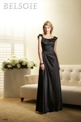 Evening Dress: BELSOIE SPRING 2011 - L4020  Catalogue Color:		BLACK (BK)	Fabric-top layer:		BELSOIE CHARMEUSE	Accessory:		N/A	Skirt Length:		Floor length. Skirt length can be changed to tea-length or knee-length.	Size Range: 		2-28 
