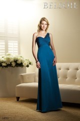 Evening Dress: BELSOIE SPRING 2011 - L4022  Catalogue Color:		TEAL (TL)	Fabric-top layer:		BELSOIE TIFFANY CHIFFON	Accessory:		N/A	Skirt Length:		Floor length. Skirt length can be changed to tea-length or knee-length.	Size Range: 		2-28 