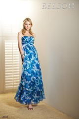 Evening Dress: BELSOIE SPRING 2011 - L4023  Catalogue Color:		TAHITI (TA)	Fabric-top layer:		FLORAL PRINT CHIFFONAvailable in Floral Print Chiffon (Tahiti only) or solid in Belsoie Tiffany Chiffon (L4023X)	Accessory:		Spaghetti straps	Skirt Length:		Floor length. Skirt length can be changed to tea-length or knee-length.	Size Range: 		2-28 
