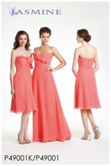 Prom Dress: JASMINE SPRING 2011 - P49001  Catalogue Color:		CORAL (CR)	Fabric-top layer:		COTTON CHIFFON	Accessory:		Waistband and spaghetti straps	Skirt Length:		Available in knee-length 25