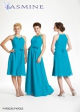 Prom Dress: JASMINE SPRING 2011 - P49003  Catalogue Color:		CARIBBEAN (CE)	Fabric-top layer:		COTTON CHIFFON	Accessory:		Flower sash	Skirt Length:		Available in knee-length 25