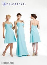 Prom Dress: JASMINE SPRING 2011 - P49005  Catalogue Color:		SEA GLASS (EL)	Fabric-top layer:		COTTON CHIFFON	Accessory:		Flower	Skirt Length:		Available in knee-length 23