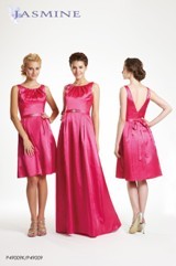 Evening Dress: JASMINE SPRING 2011 - P49009  Catalogue Color:		RAZZLE DAZZLE (EA)	Fabric-top layer:		LUMINA	Accessory:		Sash	Skirt Length:		Available in knee-length 23
