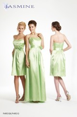 Evening Dress: JASMINE SPRING 2011 - P49010  Catalogue Color:		MARGARITA (RI)	Fabric-top layer:		LUMINA	Accessory:		Flower and spaghetti straps	Skirt Length:		Available in knee-length 23