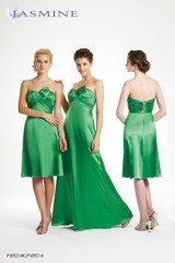 Evening Dress: JASMINE SPRING 2011 - P49014  Catalogue Color:		KELLY GREEN (KG)	Fabric-top layer:		LUSH SATIN	Accessory:		Spaghetti straps	Skirt Length:		Available in knee-length 25