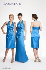 Evening Dress: JASMINE SPRING 2011 - P49015  Catalogue Color:		BLUE-BAYOU (EU)	Fabric-top layer:		LUSH SATIN	Accessory:		Flower	Skirt Length:		Available in knee-length 25