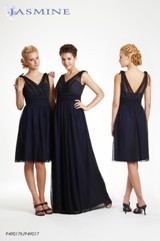 Evening Dress: JASMINE SPRING 2011 - P49017  Catalogue Color:		BLACK (BK)-SAPPHIRE (SA)	Fabric-top layer:		ILLUSION	Accessory:		N/A	Skirt Length:		Available in knee-length 23