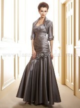 Mother of the Bride Dress: JADE SPRING 2012 - J145008  Catalogue Color: 	Platinum (PT)Fabric-top: 	Jade Luminous TaffetaAccessory: 	Tapered straps, jacketSkirt Length: 	Floor length. Skirt length can be changed to tea-length or knee-length.Size Range: 	0-30 