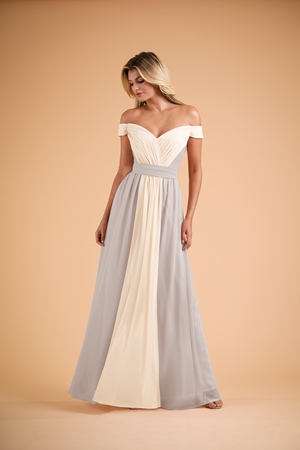  Dress - B2 SPRING 2020 - B223004 - Pretty poly chiffon long bridesmaid dress with portrait neckline and cinching waist tie. New and exciting two-tone designs offered. | Jasmine Evening Gown