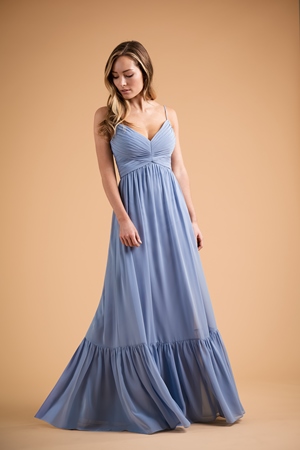 Special Occasion Dress - B2 SPRING 2020 - B223005 - Poly chiffon long bridesmaid dress with spaghetti straps, dipped V-neck, reverse V waistline and gypsy-style ruffle on bottom of skirt. | Jasmine Prom Gown