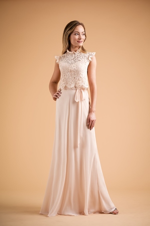 Bridesmaid Dress - B2 SPRING 2020 - B223010 - Two-piece lace and poly chiffon long bridesmaid dress with spaghetti draps. Poly chiffon dress has an elastic waistband for it can form to all body shapes. Dress is accented with a lace turtleneck. | Jasmine Bridesmaids Gown