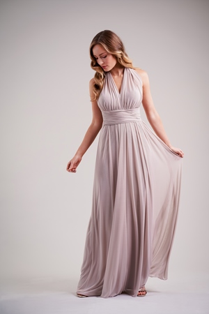 Bridesmaid Dress - BELSOIE SPRING 2020 - L224013 - Stretch illusion fabric long bridesmaid dress with convertible neckline for halter or V neck | Jasmine Bridesmaids Gown