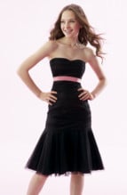 Mother of the Bride Dress: B1032  Gathered strapless empire bodice and down waistline skirt in Netting with mix color waist band in Iridescent Taffeta. 