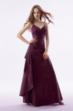 Mother of the Bride Dress: B1034  V neckline with A-line skirt in Iridescent Taffeta. Iridescent Taffeta gathered crossed bodice with drop sash on skirt. 