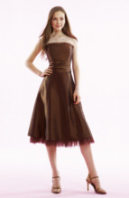 Mother of the Bride Dress: B1038  Strapless neckline and A-line gown. Netting ruff on neckline and skirt hem. Gathered Iridescent Taffeta on waistline with sash on back. 