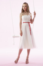 Bridesmaids Dress: B1046  Strapless A-line dress. Organza gathered on bodice with lace on waist. Mix color ribbon on waistline. 