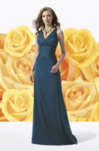 Bridesmaids Dress: L1019  V neckline and flare of Belsoie Tiffany Chiffon gown, Belsoie Tiffany Chiffon gathered on bodice and drop waist. Spaghetti straps V back with sash at back.Available in floor length. T-length can be special ordered, at no additional charge. Size Range :  4-28 