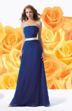 Evening Dress: L1028  Strapless A-line dress in Belsoie Tiffany Chiffon. Gathered bodice with Belsoie Charmeuse accent color band and bow on waist. Available in floor length. T-length can be special ordered, at no additional charge. Size Range :  4-28 