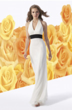 Mother of the Bride Dress: L1029  Halter V-neckline and A-line of Belsoie Tiffany Chiffon gown, Belsoie Tiffany Chiffon gathered on bodice with accent gathered band on empire. Available in floor length. T-length can be special ordered, at no additional charge. Size Range :  4-28 