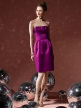 Bridesmaids Dress: Social Bridesmaids FALL 2011 - 8104  Fabric: Matte SatinCocktail length strapless dress in matte satin has pleat detail at neckline and front skirt. Matching inset midriff at natural waist.Sizes available 00-30W, and 00-30W extra length. Also available in full length as style 8105.Dress Color Sample: Persian plum 