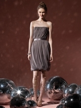 Bridesmaids Dress: Social Bridesmaids FALL 2011 - 8108  Fabric: Lux ChiffonStrapless cocktail length dress in lux chiffon has matching matte satin belt at natural waist and bubble hem.Sizes available 00-30W, no extra length available in this style.Dress Color Sample: Mocha 