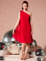 Bridesmaids Dress: Social Bridesmaids SPRING 2012 - 8114  Fabric: Lux ChiffonOne shoulder cocktail length lux chiffon dress with scarf and flower detail at shoulder. Also available full length as style 8115.Dress Sample Color: flame 