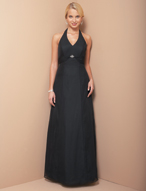 Bridesmaids Dress: MoriLee - 384  A deep V-halter neckline embellished with a sparkling brooch, which meets an empire draping wrapping around to flowing streamers down the back dress of this A-line gown.
Color Availability:  All Chiffon Colors  