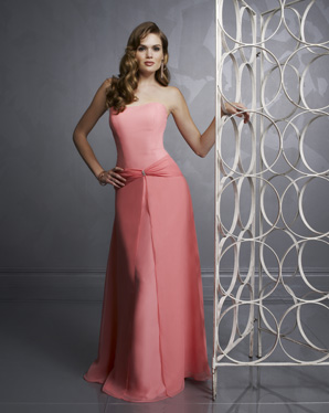 Prom Dress: Bridesmaids Collection: 367 Chiffon with  Strapless bodice with center draped hip sash. Beaded buttons meet the splitfront overlay on the A-line skirt.Matching ShawlView ML Chiffon Swatch Card 