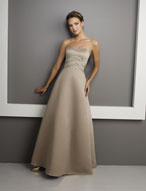 Prom Dress: Bridesmaids Collection: 221 Two Tone Sat  Sweetheart, strapless bodice with triple peaked bands from the empire to thenatural waistline over an A-line skirt. Colors: Teal/Toffee, Eggplant/Taupe, Seafoam/Ivory,Cornflower/Aubergine, Chocolate/Toffee, Navy/Ivory, Pool/Turquoise,Toffee/Seafoam, Sugarplum/Lilac, Black/Ivory Please View the Mori Lee Satin Swatch Card for Color Reference 