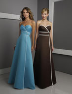 Prom Dress: Bridesmaids Collection: 225 Two Tone Sat  Contrasting bands edge the surplus, strapless neckline and frame the midriff bandtrimmed with rhinestone buttons. The A-line skirt features a front overlay edgedwith contrasting satin. Colors: Teal/Toffee, Eggplant/Taupe, Seafoam/Ivory,Cornflower/Aubergine, Chocolate/Toffee, Navy/Ivory, Pool/Turquoise,Chocolate/Ivory, Turquoise/Pool, Black/Ivory Please View the Mori Lee Satin Swatch Card for Color Reference 
