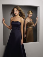 Prom Dress: Bridesmaids Collection: 227 Two Tone Sat  Contrasting bands edge the strapless neckline and waistband trimmed withrhinestone buttons and an A-line skirt. Colors: Teal/Toffee, Eggplant/Taupe, Seafoam/Ivory,Cornflower/Aubergine, Chocolate/Toffee, Navy/Ivory, Pool/Turquoise,Hazelnut/Seafoam, Sugarplum/Lilac, Black/Ivory Please View the Mori Lee Satin Swatch Card for Color Reference 