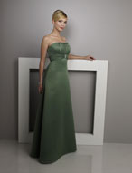 Evening Dress: Bridesmaids Collection: 228 Satin  Crumb-catcher, strapless neckline meets the draped empire trimmed at the centerwith a rhinestone brooch, meeting the A-line skirt. Please View the Mori Lee Satin Swatch Card for Color Reference 