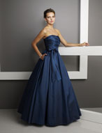 Evening Dress: Bridesmaids Collection: 230 Taffeta  Draped, strapless bodice with a natural waistline meets the ball gown skirt withside pockets. Please View the Mori Lee Taffeta Swatch Card for Color Reference 