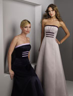 Evening Dress: Bridesmaids Collection: 232 Two Tone Sat  Strapless, princess line gown is trimmed with a contrasting neckline band andvertical shirring to meet the three bands from the empire to the waistline. Colors: Teal/Toffee, Eggplant/Taupe, Seafoam/Ivory,Cornflower/Aubergine, Chocolate/Toffee, Navy/Ivory, Pool/Turquoise,Navy/Lilac, Taupe/Eggplant, Black/Ivory Please View the Mori Lee Satin Swatch Card for Color Reference 