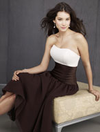 Evening Dress: Ava Collection: 424 Chiffon and Satin  Strapless bodice meets the satin bands surrounding the midriff. Soft shirring on the tea length skirt. Matching shawl included. Color Availability: Ivory Bodice with any Ava Collection Chiffon Colors or any Solid Color 