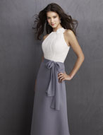 Evening Dress: Ava Collection: 428 Two Tone Chiffon  Soft shirring details the bodice with cold shoulder neckline. Tie sash at the natural waistline onto the A-line skirt. Removable flower. Matching shawl. Color Availability: Ivory Bodice with all Ava Collection Chiffon Colors or any Solid Color 