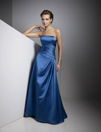 Evening Dress: Ava Collection: 602 Satin  The strapless bodice has asymmetrical draping from the empire to the dropped waistline and a cascading overskirt onto the A-line gown. Please View the Ava Collection Satin Swatch Card  