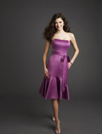 Evening Dress: Bridesmaids Collection: 762 Satin  Slim, strapless, cocktail length dress with flounced hemline and waistline, tie sash. Matching shawl included. Color Availability: All Mori Lee Satin Colors 