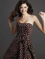 Prom Dress: Bridesmaids Collection: 768 Dotted Satin  Strapless bodice with asymmetrical draping to the natural waistline. Tie sash on the cocktail length skirt. Matching shawl included. Color Availability: Teal, Cherry, Root Beer, Plum 