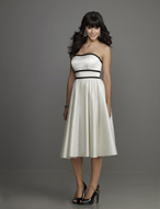 Evening Dress: Affairs Bridesmaid Collection: 782 Two-T  Contrasting bands edge the strapless neckline and frame the midriff with a shirred skirt. Colors: Tulip/Sugarplum, Ivory/Black, Teal/Toffee, Eggplant/Taupe, Seafoam/Ivory, Cornflower/Aubergine, Chocolate/Toffee, Navy/Ivory, Pool/Turquoise, Black/Ivory Please View the Mori Lee Satin Swatch Card for Color Reference 
