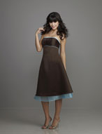 Evening Dress: Affairs Bridesmaid Collection: 786 Satin  A sheer band edges the strapless, empire bodice onto the A-line dress with organza peeking out from the hemline. Available in Select Color Combinations: Chocolate/Turquoise, Eggplant/Lilac, Black/Ivory, Turquoise/Lilac, Toffee/Moss, Sand/Ivory Solid Colors: Buttercup, Lilac, Pink, Raspberry, Navy, Black, Chocolate, Pool, Seafoam, Fuchsia, Claret 