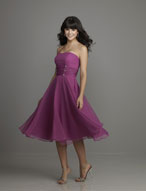 Evening Dress: Affairs Bridesmaid Collection: 788 Chiff  Strapless bodice with asymmetrically draped midriff trimmed with rhinestone buttons and a flared, swing skirt. Please View the Mori Lee Chiffon Swatch Card for Color Reference 