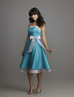 Bridesmaids Dress: Affairs Bridesmaid Collection: 792 Satin  A sheer band trims the strapless bodice with asymmetrical draping to the natural waistline. The A-line skirt has a tier of organza peeking out from the hemline. Matching waist tie sash Available in Select Color Combinations: Chocolate/Turquoise, Eggplant/Lilac, Black/Ivory, Turquoise/Lilac, Toffee/Moss, Sand/Ivory Solid Colors: Buttercup, Lilac, Pink, Raspberry, Navy, Black, Chocolate, Pool, Seafoam, Fuchsia, Claret 