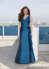 Bridesmaids Dress: Bridesmaids Collection: 286 - TAFFETA  V-neck asymmetrically ruched bodice with an A-line skirt and zipper back closure. Sizes Available: 2-28. Please refer to the Mori Lee Taffeta swatch card.Sample color: PRALINE 
