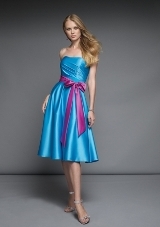 Bridesmaids Dress: Bridesmaids Affairs Collection: 837 - SATIN WITH SASH (ANY SATIN COLOUR)  Colors: Please View the Mori Lee Satin Swatch Card. Sample Color: PEACOCK/BERRY. SHAWL INCLUDED 