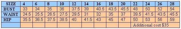 Size chart Jasmine Bridal Collection