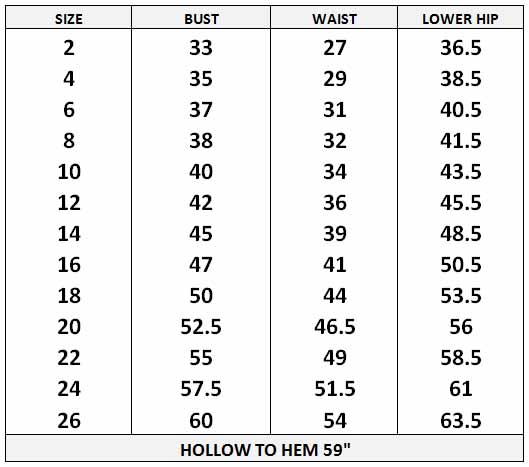 Size chart Mori Lee VM Collection