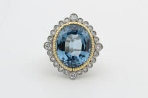gold and blue heart shaped mirror diamond ring