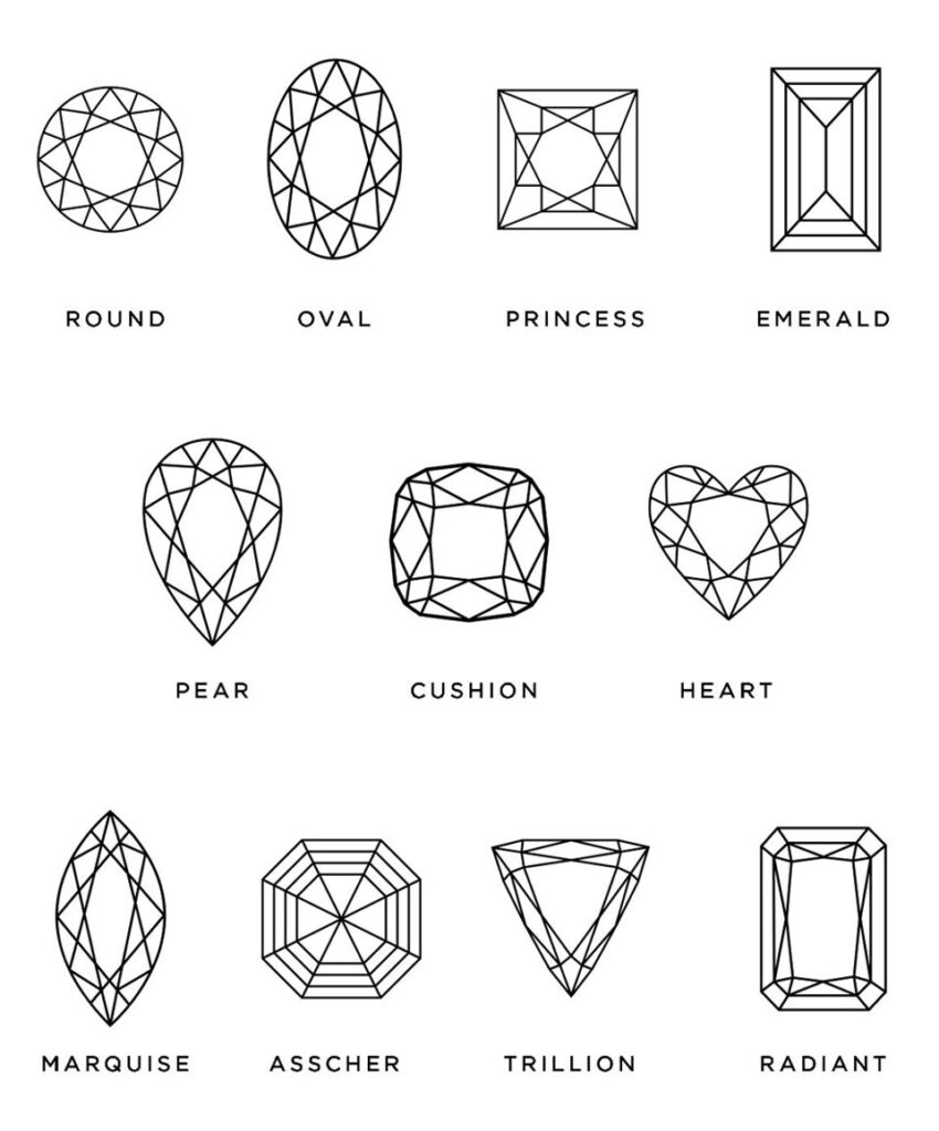 Traditional stone shapes are round, oval, pear, “emerald” (rectangle and variants), square, cushion, and marquise