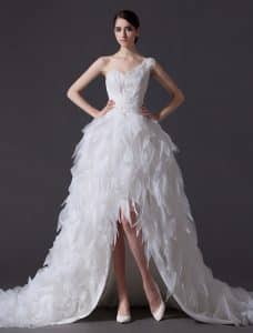 Ivory A-line One-Shoulder Flower Feather Wedding Gown - Milanoo